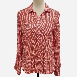 Willi Smith Red & White Geometric Blouse Long Sleeve (S)
